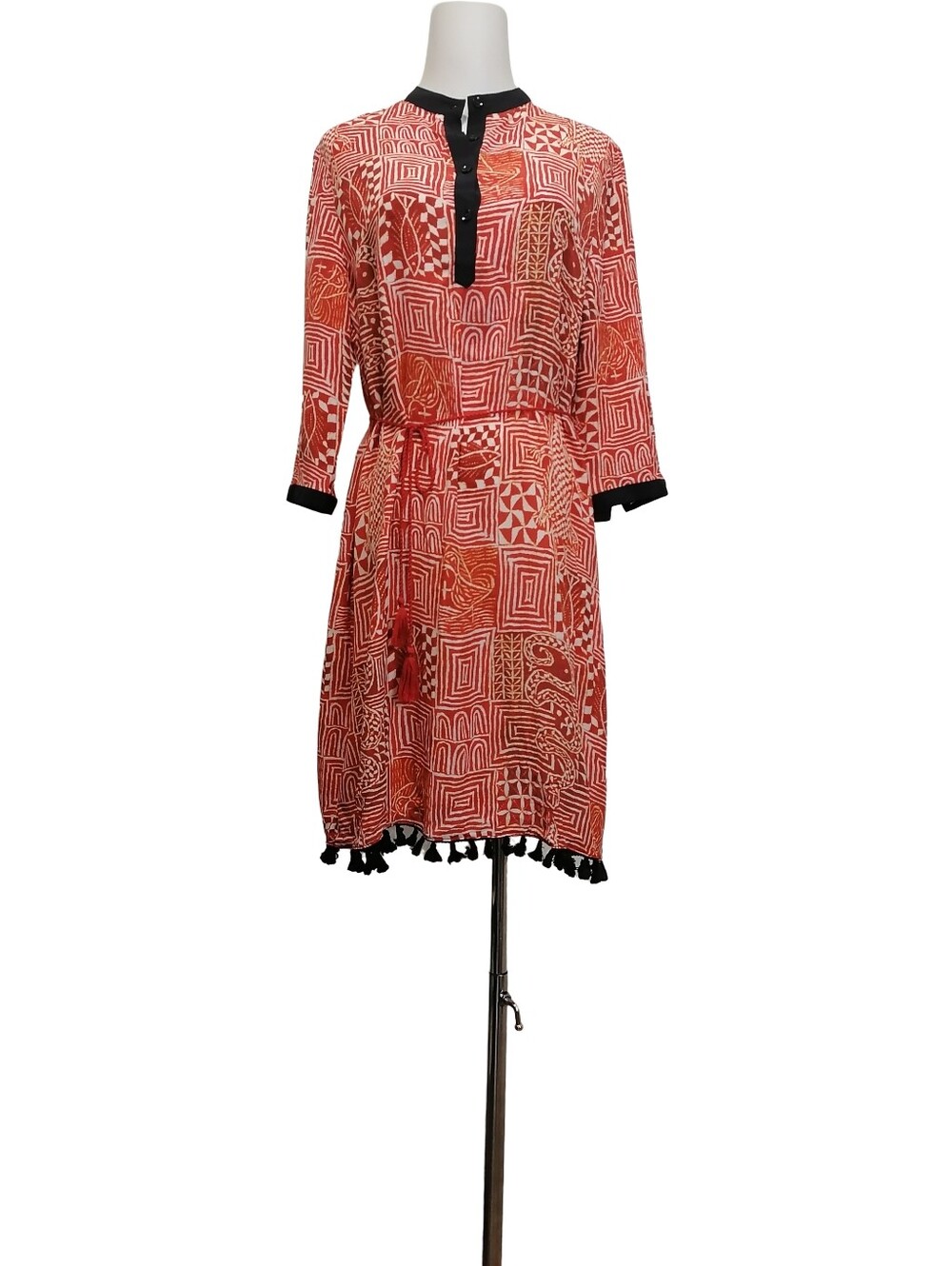 ☂️☂️100% Silk,Red Geometric Print Tassel Hem Dress